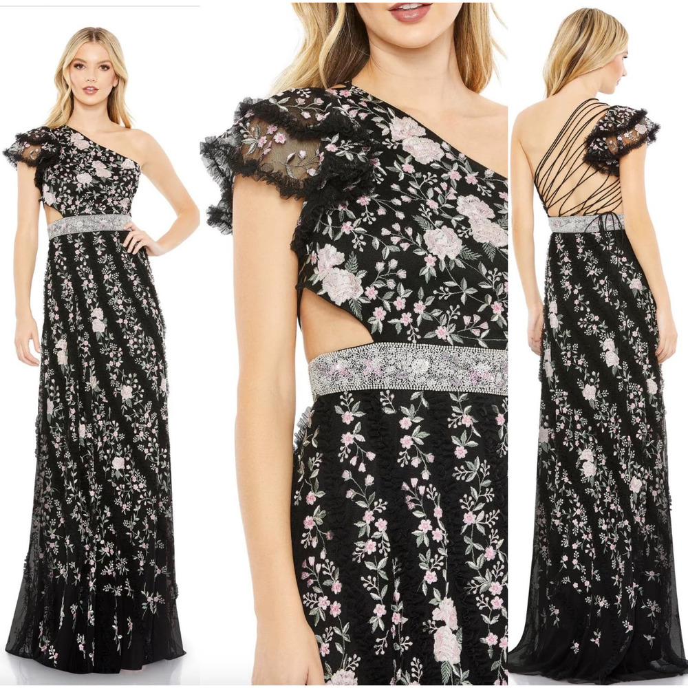 Mac Duggal Embroidered Ruffled One Shoulder Lace Up Gown Black Multi 70160 New